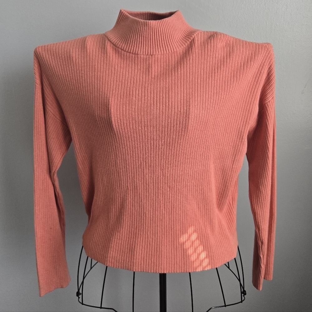 Ann Taylor Mock Neck Ribbed Knit Top Salmon Pink Long Sleeve Size Large
